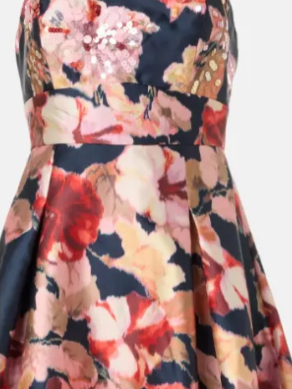 Sachin + Babi Navy Strapless Floral Ball Gown with Red, Pink, and Cream Blooms - Picture 2 of 3